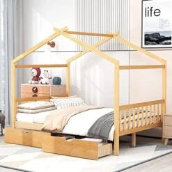 JIVOIT Twin Size House Platform Bed With Twin Size Trundle, Wooden House Bed Daybed With Roof Design And 2 Headboards, House-Shaped Canopy Bed For Kids Teens Boys Girls (Walnut-Twin-Trundle 011) 26 JIVOIT Twin Size House Platform Bed With Twin Size Trundle, Wooden House Bed Daybed With Roof Design And 2 Headboards, House-Shaped Canopy Bed For Kids Teens Boys Girls (Walnut-Twin-Trundle 011) -Best Furniture Store 517rvBRAEDL. AC