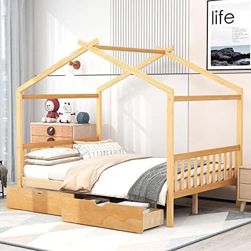 JIVOIT Twin Size House Platform Bed With Twin Size Trundle, Wooden House Bed Daybed With Roof Design And 2 Headboards, House-Shaped Canopy Bed For Kids Teens Boys Girls (Walnut-Twin-Trundle 011) 12 JIVOIT Twin Size House Platform Bed With Twin Size Trundle, Wooden House Bed Daybed With Roof Design And 2 Headboards, House-Shaped Canopy Bed For Kids Teens Boys Girls (Walnut-Twin-Trundle 011) - Image 12