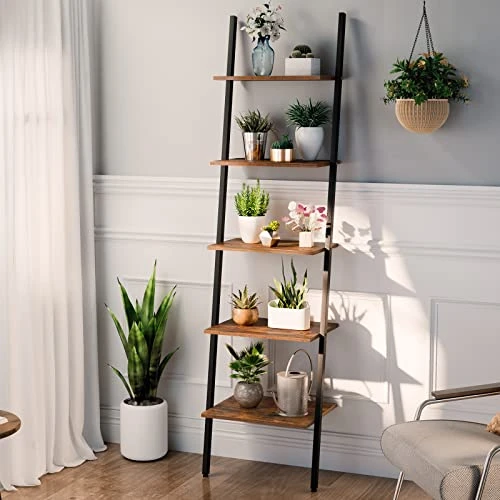 HOOBRO Ladder Shelf, 5-Tier Leaning Shelf Bookshelf, Plant Flower Stand, Storage Display Rack Shelves For Living Room Bathroom Office, Multifunctional Ladder Bookcase Rustic Brown BF71CJ01 4 HOOBRO Ladder Shelf, 5-Tier Leaning Shelf Bookshelf, Plant Flower Stand, Storage Display Rack Shelves For Living Room Bathroom Office, Multifunctional Ladder Bookcase Rustic Brown BF71CJ01 - Image 4
