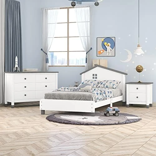 JIVOIT Wooden 3-Pieces Bedroom Sets, Twin Size Platform Bed With 2-Drawers Nightstand And 6-Drawer Storage Dresser, Contrasting Color Design Set For Kids Bedroom 15 JIVOIT Wooden 3-Pieces Bedroom Sets, Twin Size Platform Bed With 2-Drawers Nightstand And 6-Drawer Storage Dresser, Contrasting Color Design Set For Kids Bedroom - Image 15