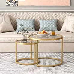 Gold Nesting Coffee Table Set Of 2, Modern Tempered Glass Side Table, Metal Frame End Table,Blue Plated Glass Table For Living Room, Office,Home Decor -Best Furniture Store 518IeG1bLhL