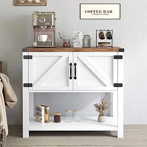 HOMBCK Farmhouse Coffee Bar Cabinets With Doors And Shelves, White Buffet Cabinet Bar Cabinet With Storage, Small Coffee Bar With Barn Door For Dining Room, Console Table, Entryway Table, White 5 HOMBCK Farmhouse Coffee Bar Cabinets With Doors And Shelves, White Buffet Cabinet Bar Cabinet With Storage, Small Coffee Bar With Barn Door For Dining Room, Console Table, Entryway Table, White - Image 5