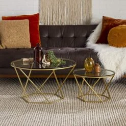 Walker Edison Modern Contemporary Gold Accent Round Living Room Glass Coffee Table, Set Of 2