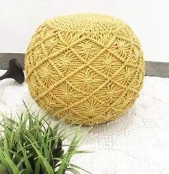 The Knitted Co. Cotton Pouf Handmade Macrame Ottoman - Farmhouse Rustic Accent Furniture - Footrest Round Bean Bag - For Living Room Bedroom Kids Room (Yellow, 18" X 18" X 14")