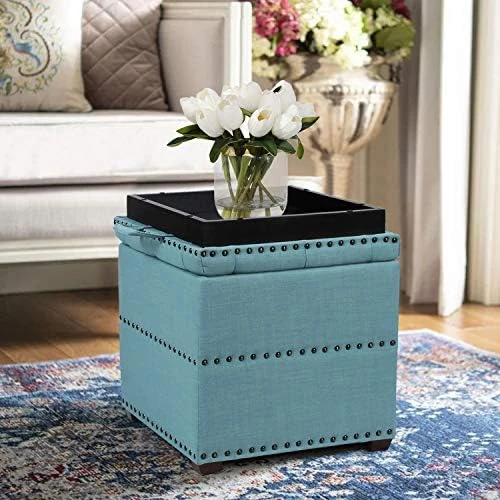 Edeco Modern Nailhead Storage Ottoman With Tray Top Square Script Ottoman Space-Saving Coffee Table, Grey 4 Edeco Modern Nailhead Storage Ottoman With Tray Top Square Script Ottoman Space-Saving Coffee Table, Grey - Image 4