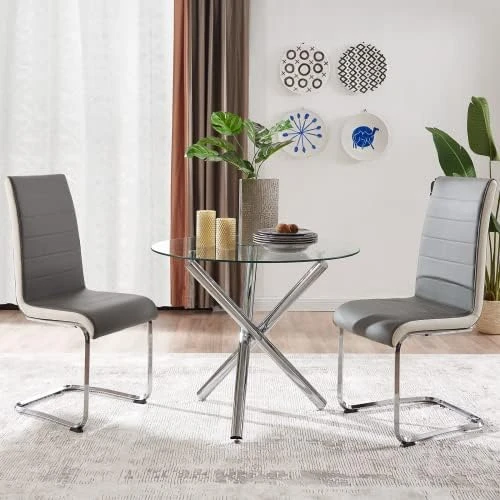 Modern Round Dining Table With Clear Tempered Glass Top, 3 Chrome Legs Kitchen Table For 2 Or 4 Person,Round Dining Table Furniture For Home Office Kitchen Dining Room(W 35.4 X L 35.4 X H 29.5 Inch) 4 Modern Round Dining Table With Clear Tempered Glass Top, 3 Chrome Legs Kitchen Table For 2 Or 4 Person,Round Dining Table Furniture For Home Office Kitchen Dining Room(W 35.4 X L 35.4 X H 29.5 Inch) - Image 4
