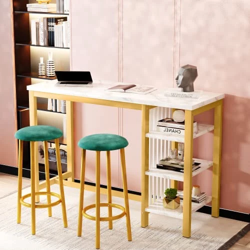 AWQM Bar Table Set With Storage Shelves, 47" White Modern Faux Marble Breakfast Table With 2 Stools, 3-Piece Dining Set For 2, Space Saving Table For Kitchen/Dinning Room/Living Room/Bedroom/Office 2 AWQM Bar Table Set With Storage Shelves, 47" White Modern Faux Marble Breakfast Table With 2 Stools, 3-Piece Dining Set For 2, Space Saving Table For Kitchen/Dinning Room/Living Room/Bedroom/Office - Image 2