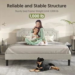 Queen Size Bed Frame Upholstered Low Profile Traditional Platform With Tufted And Nail Headboard/No Box Spring Needed/No Bed Skirt Needed/Linen Fabric Upholstery/Color Of Sand 10 Queen Size Bed Frame Upholstered Low Profile Traditional Platform With Tufted And Nail Headboard/No Box Spring Needed/No Bed Skirt Needed/Linen Fabric Upholstery/Color Of Sand -Best Furniture Store 519EfdHtJjL