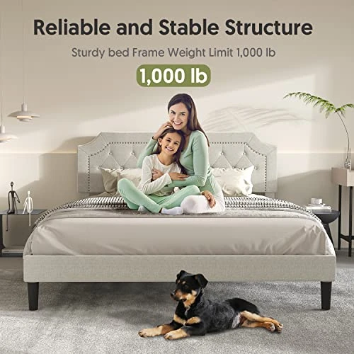 Queen Size Bed Frame Upholstered Low Profile Traditional Platform With Tufted And Nail Headboard/No Box Spring Needed/No Bed Skirt Needed/Linen Fabric Upholstery/Color Of Sand 4 Queen Size Bed Frame Upholstered Low Profile Traditional Platform With Tufted And Nail Headboard/No Box Spring Needed/No Bed Skirt Needed/Linen Fabric Upholstery/Color Of Sand - Image 4