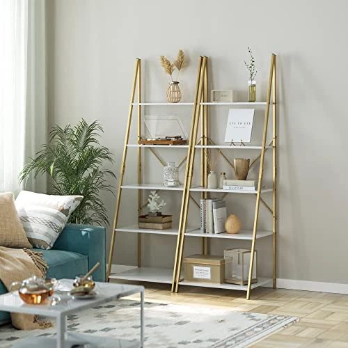 Finetones 5-Tier Ladder Shelf, Free Standing A-Shape Display Bookcase, Storage Organizer Unit With Metal Frame, Flower Stand Plant Rack For Living Room, Kitchen, Bathroom, Home Office, White/Gold 2 Finetones 5-Tier Ladder Shelf, Free Standing A-Shape Display Bookcase, Storage Organizer Unit With Metal Frame, Flower Stand Plant Rack For Living Room, Kitchen, Bathroom, Home Office, White/Gold - Image 2