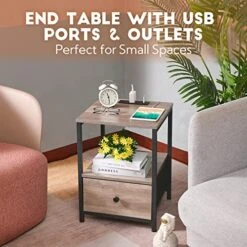 AMHANCIBLE End Tables With Charging Station, Nightstands Set Of 2 For Bedroom, Night Stand With Drawer USB Ports & Power Outlets, Sofa Side Table For Living Room Greige HET04SDGY -Best Furniture Store 519XW5UzmxL