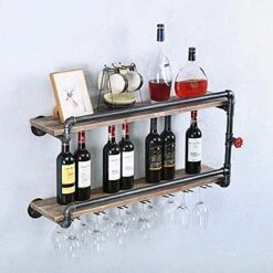 TANGGU Industrial Wine Racks Wall Mounted With 7 Stem Glass Holder,2-Tiers Rustic Metal Hanging Wine Holder,36in Wall Mount Bottle Holder,Pipe Shelves Kitchen/Living Room/Home Wood Wine Shelf -Best Furniture Store 519aBsbo3ZL