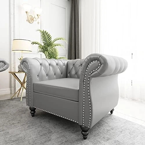 QHITTY Accent Large Sofa, Chesterfield Couch 3 Seater Modern Leather Couch Upholstered Sofa With Tufted Back For Living Room Furniture (Grey) 11 QHITTY Accent Large Sofa, Chesterfield Couch 3 Seater Modern Leather Couch Upholstered Sofa With Tufted Back For Living Room Furniture (Grey) - Image 11