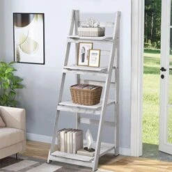 Babion 4-Tier Ladder Shelf, Plant Shelf Ladder Shelves White Folding Shelf Stable Wooden Shelf Freestanding Plant Shelves Flowerpot Stand Indoor Ladder Bookshelf For Office, Bedroom, Balcony (White)