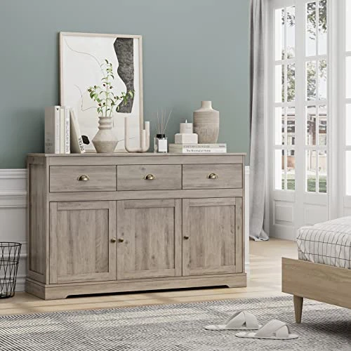 Keyluv Buffet Cabinet Storage Kitchen Cabinet Sideboard Farmhouse Buffet Server Bar Wine Cabinet With 3 Drawers & 3 Doors Adjustable Shelves Console Table For Dining Living Room Cupboard, Grey Wash 4 Keyluv Buffet Cabinet Storage Kitchen Cabinet Sideboard Farmhouse Buffet Server Bar Wine Cabinet With 3 Drawers & 3 Doors Adjustable Shelves Console Table For Dining Living Room Cupboard, Grey Wash - Image 4