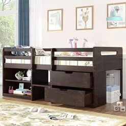 Low Loft Bed With Storage Drawers And Bookshelf Twin Size Junior Loft Bed Frame With A Mini Desk And Blackboard, Wooden Loft Beds For Kids Boys Girls Teens, White 23 Low Loft Bed With Storage Drawers And Bookshelf Twin Size Junior Loft Bed Frame With A Mini Desk And Blackboard, Wooden Loft Beds For Kids Boys Girls Teens, White -Best Furniture Store 51AN8seY0CL. AC