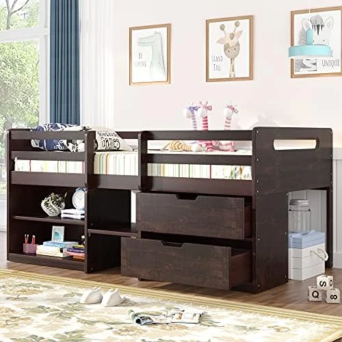 Low Loft Bed With Storage Drawers And Bookshelf Twin Size Junior Loft Bed Frame With A Mini Desk And Blackboard, Wooden Loft Beds For Kids Boys Girls Teens, White 9 Low Loft Bed With Storage Drawers And Bookshelf Twin Size Junior Loft Bed Frame With A Mini Desk And Blackboard, Wooden Loft Beds For Kids Boys Girls Teens, White - Image 9