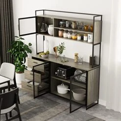 AIEGLE Large Kitchen Hutch Storage Cabinet, Pantry Cabinets With Hutch, Metal Frame Cupboard With Mesh Door, Drawer & Microwave Shelf, Freestanding Kitchen Storage, Rustic (59" W X 15.7" D X 68.5" H) -Best Furniture Store 51ASGu4I3sL