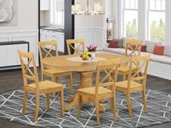 East West Furniture AVBO7-OAK-W Kitchen Set 6 Amazing Room Chairs-A Stunning Round Color Wooden Seat Oak Butterfly Leaf Modern Dining Table -Best Furniture Store 51AUNOYSdNL. AC