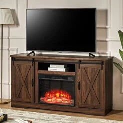 AMERLIFE Fireplace TV Stand Sliding Barn Door Wood Entertainment Center With A 23'' Electric Fireplace Insert, Modern Farmhouse Storage Cabinet Console For TVs Up To 65", Distressed White & Barnwood -Best Furniture Store 51AW5ITCGBL. AC