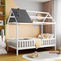 GAOWEI Full Size House Bed,Full Wood House Bed Frame,Full Size Bed With Roof,Chimney And Fence For Kids,Teens,Girls,Boys,Full Size House Bed For Kids (House Bed-Gray) -Best Furniture Store 51AXkxg19L. AC 1