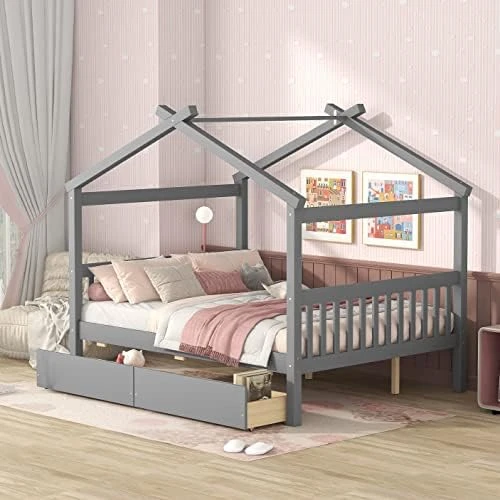 JIVOIT Twin Size House Platform Bed With Twin Size Trundle, Wooden House Bed Daybed With Roof Design And 2 Headboards, House-Shaped Canopy Bed For Kids Teens Boys Girls (Walnut-Twin-Trundle 011) 6 JIVOIT Twin Size House Platform Bed With Twin Size Trundle, Wooden House Bed Daybed With Roof Design And 2 Headboards, House-Shaped Canopy Bed For Kids Teens Boys Girls (Walnut-Twin-Trundle 011) - Image 6