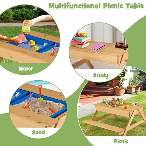 KOTEK Kids Picnic Table, 4 In 1 Convertible Sand And Water Table W/Detachable Tabletop & 2 Removable Storage Bins, Wood Sensory Table And Bench Activity Art Play Table For Outdoors, Indoors(Natural) 2 KOTEK Kids Picnic Table, 4 In 1 Convertible Sand And Water Table W/Detachable Tabletop & 2 Removable Storage Bins, Wood Sensory Table And Bench Activity Art Play Table For Outdoors, Indoors(Natural) - Image 2