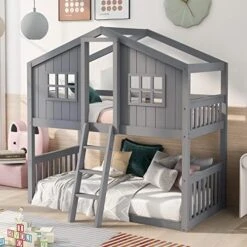 Harper & Bright Designs Low Bunk Bed Twin Over Twin House Bunk Bed Frame For Kids Girls Boys (Twin Size, White) -Best Furniture Store 51AtSia6psL. AC