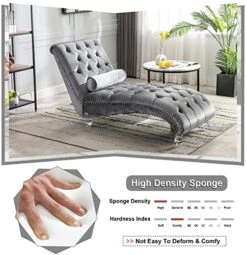 KINFFICT Velvet Chaise Lounge Chair With Toss Pillow, Modern Tufted Button Lounge Chair With Acrylic Legs, Upholstered Indoor Sleeper Chair For Living Room, Bedroom, Silver Grey -Best Furniture Store 51AzfTx5mlL