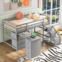 Harper & Bright Designs Twin Loft Bed With Multifunctional Movable Built-in Desk, Wood Low Loft Bed With Stairs, For Kids Teens Girls Boys - White 14 Harper & Bright Designs Twin Loft Bed With Multifunctional Movable Built-in Desk, Wood Low Loft Bed With Stairs, For Kids Teens Girls Boys - White -Best Furniture Store 51B nykegxL. AC
