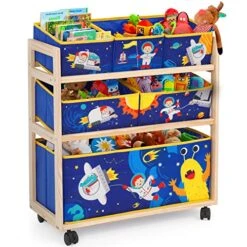 Eapura Kids Toy Storage Organizer 3-Tier Wooden Children Storage Rack With Wheels 6 Detachable Storage Bins Extra Large Capacity Bookshelf Bookcase Display Stands Shelf Multi Cabinet For Books Toys