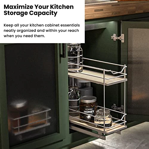 Home Zone Living Pull Out Kitchen Cabinet Organizer With Two Tiers Of Storage, 7.5” W X 20” D, Satin Nickel With Light Brown Wood Finish, Virtuoso Collection 4 Home Zone Living Pull Out Kitchen Cabinet Organizer With Two Tiers Of Storage, 7.5” W X 20” D, Satin Nickel With Light Brown Wood Finish, Virtuoso Collection - Image 4