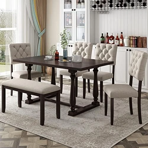 Mojay 6-Piece Rectangular Espresso Wood Dining Table Set With 4 Upholstered Chairs And Bench For Kitchen And Dining Room 15 Mojay 6-Piece Rectangular Espresso Wood Dining Table Set With 4 Upholstered Chairs And Bench For Kitchen And Dining Room - Image 15