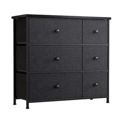 6 Drawer Dresser For Bedroom Chest Of Drawers Closets Storage Units Organizer Tower Steel Frame Wooden Top Living Room Entryway Office (Black Grey) YLZ6B4