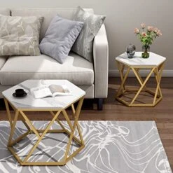 Auromie Nesting Coffee Table Set Of 2, Hexagonal Side End Tables With Metal Frame, Modern Center Tables With Faux Marble Top For Living Room, Office, Balcony, Small Nightstands For Bedroom, White&Gold -Best Furniture Store 51BPIonfq6L