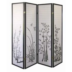 Black 4 Panel Bamboo Floral Room Divider Screen