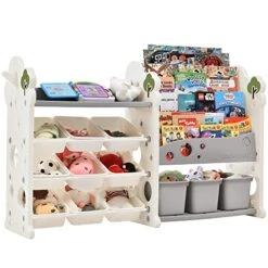 Merax Toy Storage Organizer With Kids Bookshelf, Toy Organizer With 12 Bins And 5-Tier Bookshelf For Kids Bedroom Playroom Living Room (Organizer + Book Shelf, White) -Best Furniture Store 51BZj0tXrZL 1