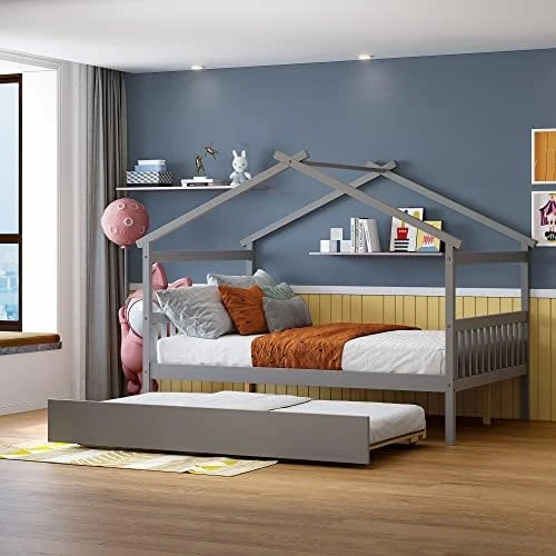 JIVOIT Twin Size House Platform Bed With Twin Size Trundle, Wooden House Bed Daybed With Roof Design And 2 Headboards, House-Shaped Canopy Bed For Kids Teens Boys Girls (Walnut-Twin-Trundle 011) 8 JIVOIT Twin Size House Platform Bed With Twin Size Trundle, Wooden House Bed Daybed With Roof Design And 2 Headboards, House-Shaped Canopy Bed For Kids Teens Boys Girls (Walnut-Twin-Trundle 011) - Image 8