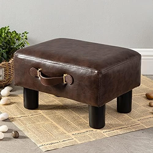 Small Foot Stool With Handle, Brown Faux Leather Short Foot Stool Rest, Rectangle Storage Foot Stools Ottoman With Plastic Legs, Padded Footstool Small Step Stool For Living Room, Office, Desk, Patio 4 Small Foot Stool With Handle, Brown Faux Leather Short Foot Stool Rest, Rectangle Storage Foot Stools Ottoman With Plastic Legs, Padded Footstool Small Step Stool For Living Room, Office, Desk, Patio - Image 4