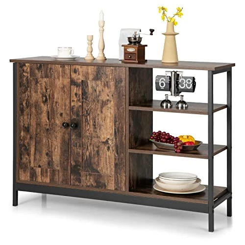 Giantex Industrial Kitchen Storage Cabinet W/Open Shelves, 2-Door Cupboard, Adjustable Shelf, Wooden Buffet Sideboard, Farmhouse Floor Bar Cabinet For Living Room, Entryway (Rustic Brown) 1 Giantex Industrial Kitchen Storage Cabinet W/Open Shelves, 2-Door Cupboard, Adjustable Shelf, Wooden Buffet Sideboard, Farmhouse Floor Bar Cabinet For Living Room, Entryway (Rustic Brown)