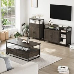 HITHOS Kitchen Buffet Cabinet, Accent Sideboard Buffet With Storage, Wood Floor Storage Cabinet With Doors And Shelves, Industrial Living Room Dining Room Furniture, Dark Brown -Best Furniture Store 51CcuEUtrVL