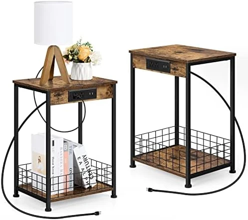 Smusei Nightstand Set Of 2 Bedroom Small End Table With Charging Station For Small Spaces 2 Tier Farmhouse Night Stands Bedside Tables With Storage Basket For Living Room 7 Smusei Nightstand Set Of 2 Bedroom Small End Table With Charging Station For Small Spaces 2 Tier Farmhouse Night Stands Bedside Tables With Storage Basket For Living Room - Image 7