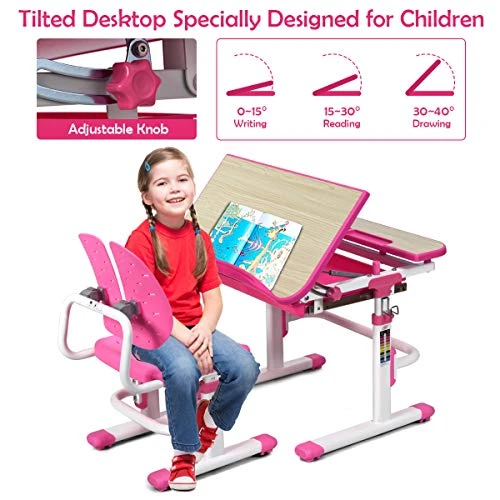 ARLIME Kids Desk And Chair Set, Height Adjustable Children Study Desk W/Tilt Desktop, Pull Out Storage Drawer & Metal Hook, Kids Study Desk And Chair Set For Boys & Girls (Pink) 2 ARLIME Kids Desk And Chair Set, Height Adjustable Children Study Desk W/Tilt Desktop, Pull Out Storage Drawer & Metal Hook, Kids Study Desk And Chair Set For Boys & Girls (Pink) - Image 2