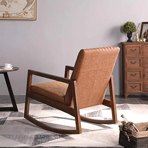 HNY Mid Century Rocking Nursery Chair With Wood Frames, Faux Leather Upholstered Farmhouse Living Room Armchair, For Living Room Bedroom, Light Brown 4 HNY Mid Century Rocking Nursery Chair With Wood Frames, Faux Leather Upholstered Farmhouse Living Room Armchair, For Living Room Bedroom, Light Brown - Image 4