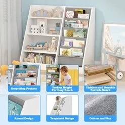 White 4 Tier Kids Wooden Bookshelf, Five Layer Sling Bookcase, Kids Storage Book Rack, Book And Toy Organizer Cabinet, Book Display, For Playroom, Bedroom, Study Living Room, Nursery,Classroom -Best Furniture Store 51CoievjAjL