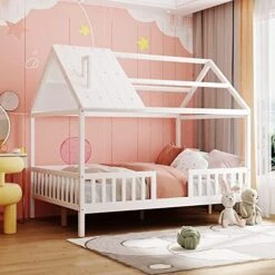 MERITLINE Wood Twin Bed House Bed For Kids, Twin Size Platform Bed With Roof And Fence, Kids House Bed For Girls Boys,Gray -Best Furniture Store 51CsIFpEifL. AC