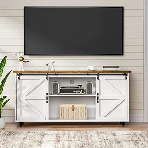 HOMBCK Farmhouse Coffee Bar Cabinet, Sideboard Buffet Cabinet With Storage, White Coffee Bar Kitchen Storage Cabinet With Sliding Barn Doors, Sideboard Cabinet For Living Room, Entryway, White 6 HOMBCK Farmhouse Coffee Bar Cabinet, Sideboard Buffet Cabinet With Storage, White Coffee Bar Kitchen Storage Cabinet With Sliding Barn Doors, Sideboard Cabinet For Living Room, Entryway, White - Image 6