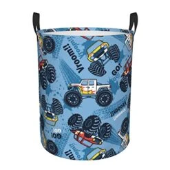 Gbuzozie Monster Truck Cars Pattern Round Laundry Hamper Storage Basket Toys Clothes Organizer Bin For Home Bathroom Bedroom Dorm Nursery, 62l