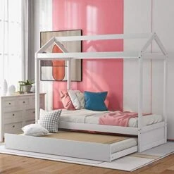 MERITLINE Twin Size House Bed With Roof, Low Loft Bed With Two Front Windows, Playhouse Bed Frame For Kids, Teens, Boys & Girls (White&Brown) -Best Furniture Store 51DHwhN3XoL. AC