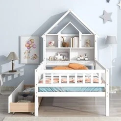 Twin Bed Frame With Storage Drawers, House Twin Platform Bed With Bookcase Headboard, Twin Low Loft Bed With Fence For Kids, Girls, Boys, Teens, No Box Spring Needed (White) -Best Furniture Store 51DPrD0NhzL